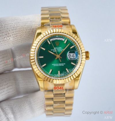 Swiss Replica Rolex Day-date 36mm Swiss 2836 Watch Olive Green Fluted Bezel